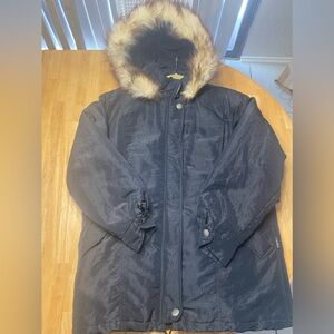 Vintage Women’s Black Insulated Parka with Genuine Fox Tail Hood Y2K Size M